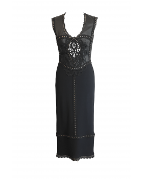 Midi black dress with leather bodice and troux