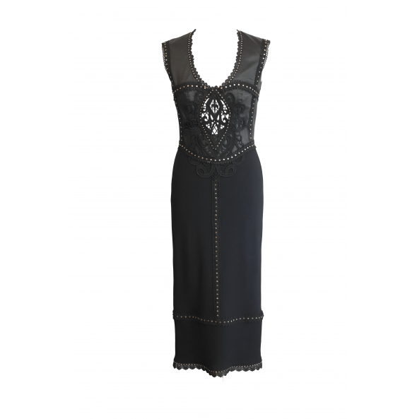 Midi black dress with leather bodice and troux