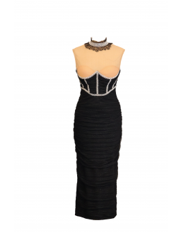 Μίντι μαύρο φόρεμα με γυαλιστερό ύφασμα και διάφανο 