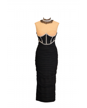 Midi black dress with shine fabric and transparent 