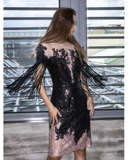 Sparkling dress with balck fringes and crystalls