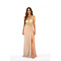 Crepe maxi dress with embroidered rhinestone net bodice built-in cups.