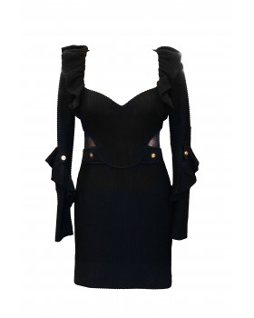 Ribbed mini dress with gold details and ruffles on the shoulders