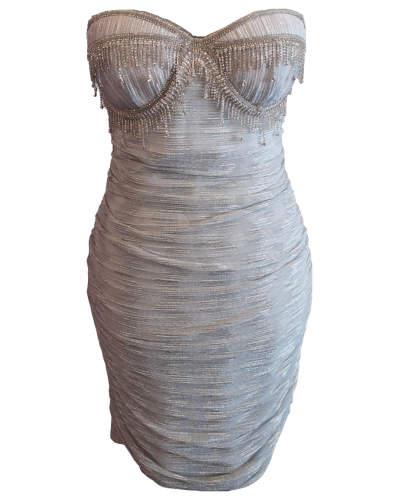 Strapless metallic dress with built-in bra.