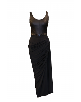 Black mermaid dress with leather bustier, open side skirt and zipper. It has removable leather shorts
