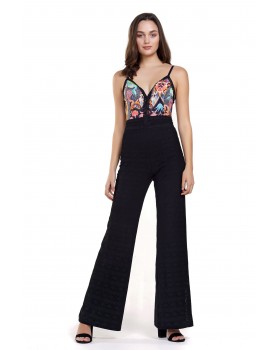 Perforated fabric jumpsuit, printed bodice.