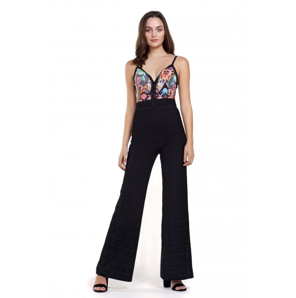 Perforated fabric jumpsuit, printed bodice.