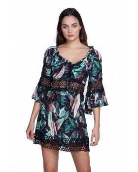 Printed mini dress, 3/4 sleeve with lace