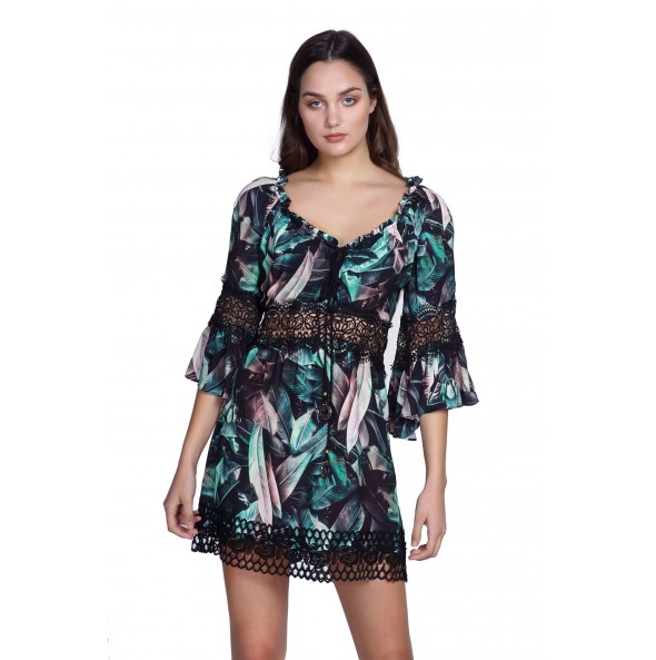 Printed mini dress, 3/4 sleeve with lace