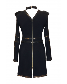Mini black dress with gold details and shoulder pads