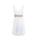Mini dress with transparency and gold details vertically of the dress at the waist