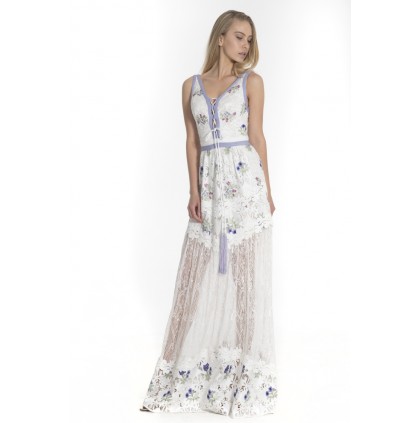 Long silk gypour lace dress with embroidered lila flowers