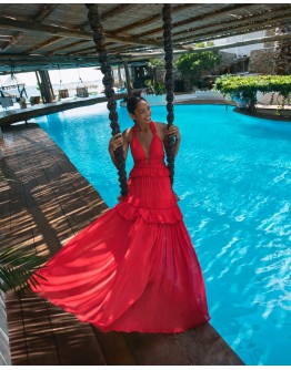 V-neck maxi dress with neck tie open back and built-in cups.