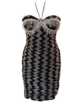 Strapless metallic dress with built-in bra.